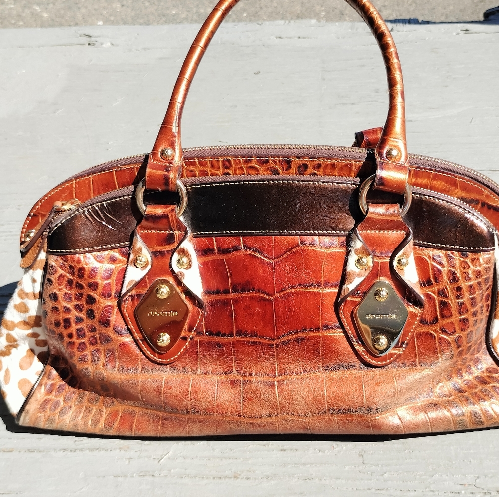 CROMIA Brown Croco Print Leather Cow Hair Satchel Bag